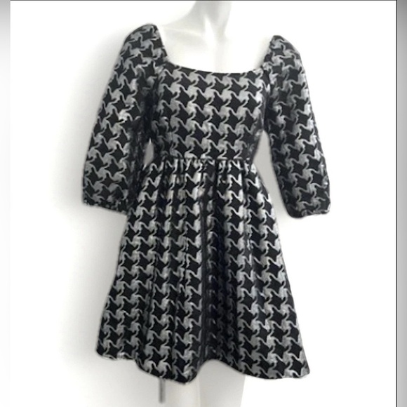 NEW Anthropologie DAMASK houndstooth Dress Balloon Sleeves XSMALL Silver Black - Picture 3 of 10